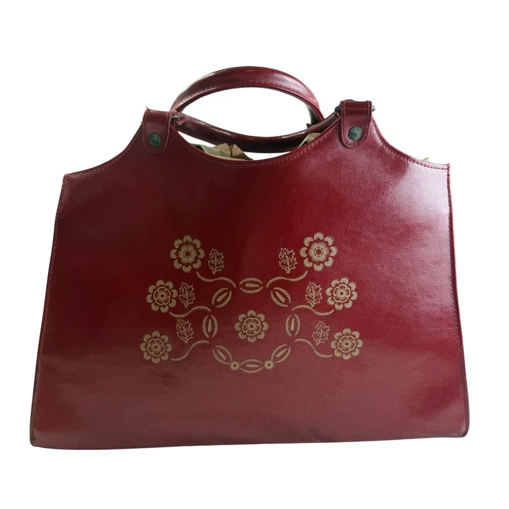 Vtg Burgundy Floral Etched Satchel Handbag Oxblood Bag Cottaecore Dark Academia